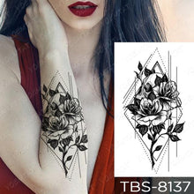 Load image into Gallery viewer, Black Sketchs Flowers Waterproof Temporary Tattoo Sticker Chest Flash Tattoo Wolf Diamond Flower Body Art Arm Fake Tattoo For Womens Men
