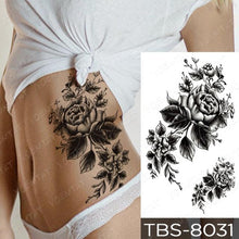 Load image into Gallery viewer, Black Sketchs Flowers Waterproof Temporary Tattoo Sticker Chest Flash Tattoo Wolf Diamond Flower Body Art Arm Fake Tattoo For Womens Men
