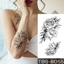 Load image into Gallery viewer, Black Sketchs Flowers Waterproof Temporary Tattoo Sticker Chest Flash Tattoo Wolf Diamond Flower Body Art Arm Fake Tattoo For Womens Men
