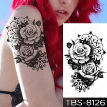Load image into Gallery viewer, Black Sketchs Flowers Waterproof Temporary Tattoo Sticker Chest Flash Tattoo Wolf Diamond Flower Body Art Arm Fake Tattoo For Womens Men
