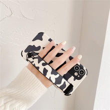 Load image into Gallery viewer, Black White Leopard Milk Pattern PU Leather Phone Case For iPhone 14 13 12 11 Pro XS MAX X XR 8 Plus Cover Hand Band Wrist Strap Women Leopard Pattern Clear Phone Case with Camera Protection Phone Protective Cover Modern Design Phone Cases
