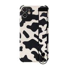 Load image into Gallery viewer, Black White Leopard Milk Pattern PU Leather Phone Case For iPhone 14 13 12 11 Pro XS MAX X XR 8 Plus Cover Hand Band Wrist Strap Women Leopard Pattern Clear Phone Case with Camera Protection Phone Protective Cover Modern Design Phone Cases
