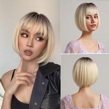 Load image into Gallery viewer, Blonde White Black Ombre Bob Synthetic Wigs for Women Straight Hair Wigs Cosplay Party Wig with bangs Heat Resistant Wigs For Black Women Cosplay Wigs For Women

