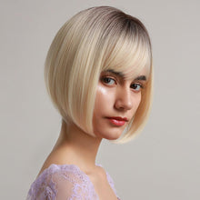 Load image into Gallery viewer, Blonde White Black Ombre Bob Synthetic Wigs for Women Straight Hair Wigs Cosplay Party Wig with bangs Heat Resistant Wigs For Black Women Cosplay Wigs For Women

