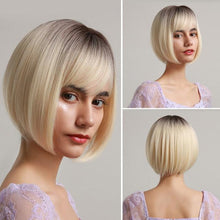 Load image into Gallery viewer, Blonde White Black Ombre Bob Synthetic Wigs for Women Straight Hair Wigs Cosplay Party Wig with bangs Heat Resistant Wigs For Black Women Cosplay Wigs For Women
