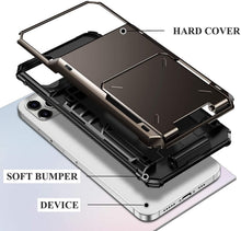 Load image into Gallery viewer, Blue Men Card Holder Hidden Pocket Phone Case Dual Layer Bumper Armor Protective Cover For iPhone 14 13 Pro Max 13 Mini 13 Pro Card Slots Wallet Case Cover Slide Armor Wallet Card Slots Holder for iPhone 13
