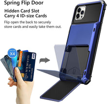 Load image into Gallery viewer, Blue Men Card Holder Hidden Pocket Phone Case Dual Layer Bumper Armor Protective Cover For iPhone 14 13 Pro Max 13 Mini 13 Pro Card Slots Wallet Case Cover Slide Armor Wallet Card Slots Holder for iPhone 13
