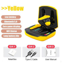 Load image into Gallery viewer, Bluetooth 5.0 RGB Yellow Gaming Earphones Low Latency Wireless Stereo Headphones Bass Earbuds With Mic Headphones Wearable Music Player HiFi Quality Sound Sport Earphones With Charging Case For Outdoor Running Gym Workout 65ms
