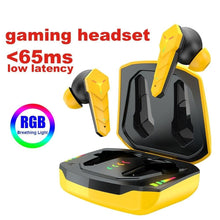 Load image into Gallery viewer, Bluetooth 5.0 RGB Yellow Gaming Earphones Low Latency Wireless Stereo Headphones Bass Earbuds With Mic Headphones Wearable Music Player HiFi Quality Sound Sport Earphones With Charging Case For Outdoor Running Gym Workout 65ms
