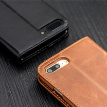 Load image into Gallery viewer, Brown Genuine Leather Flip Case For iPhone Luxury Wallet Card Cover For iPhone 14 13 Leather iPhone Case Kickstand Card Holder Flip Leather Wallet Phone Case
