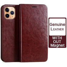 Load image into Gallery viewer, Brown Genuine Leather Flip Case For iPhone Luxury Wallet Card Cover For iPhone 14 13 Leather iPhone Case Kickstand Card Holder Flip Leather Wallet Phone Case

