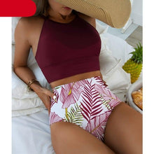 Load image into Gallery viewer, Brown Leaf Print High Waist Bikini Set 2 Piece Summer Padded Push Up High Waist Bikini Swimsuit Swimwear Swimsuit Women High Neck Two Pieces Swimwear Female Sports Bathing Suit
