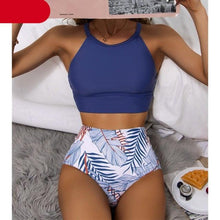 Load image into Gallery viewer, Brown Leaf Print High Waist Bikini Set 2 Piece Summer Padded Push Up High Waist Bikini Swimsuit Swimwear Swimsuit Women High Neck Two Pieces Swimwear Female Sports Bathing Suit

