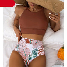 Load image into Gallery viewer, Brown Leaf Print High Waist Bikini Set 2 Piece Summer Padded Push Up High Waist Bikini Swimsuit Swimwear Swimsuit Women High Neck Two Pieces Swimwear Female Sports Bathing Suit

