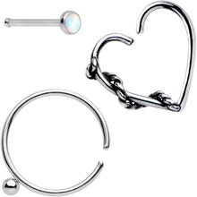 Load image into Gallery viewer, 20G White Faux Opal Nose Bone Heart Closure Ring Pack Set of 3
