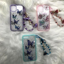 Load image into Gallery viewer, Butterfly Phone Case for iPhone 14 Pro Max 13 12 11 XS XR X 7 8 plus Glitter Clear Covers Bracelet With Lady Pendant Non Moving Dry Fixed Glitter Luxury Shiny Butterfly Wrist Bracelet Chain Soft Silicone Case For Smartphone
