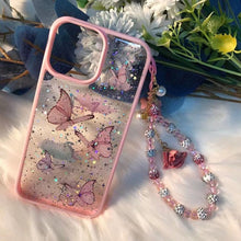 Load image into Gallery viewer, Butterfly Phone Case for iPhone 14 Pro Max 13 12 11 XS XR X 7 8 plus Glitter Clear Covers Bracelet With Lady Pendant Non Moving Dry Fixed Glitter Luxury Shiny Butterfly Wrist Bracelet Chain Soft Silicone Case For Smartphone

