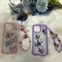 Load image into Gallery viewer, Butterfly Phone Case for iPhone 14 Pro Max 13 12 11 XS XR X 7 8 plus Glitter Clear Covers Bracelet With Lady Pendant Non Moving Dry Fixed Glitter Luxury Shiny Butterfly Wrist Bracelet Chain Soft Silicone Case For Smartphone
