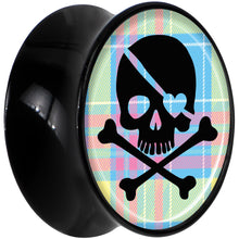 Load image into Gallery viewer, Black Acrylic Pink Green Plaid Heart Skull Saddle Plug Set 5/8
