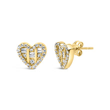 Load image into Gallery viewer, 14K Yellow Gold Plated .925 Sterling Silver 1/2 Cttw Round and Baguette Diamond Composite Heart Shaped Stud Earring (I-J Color, SI2-I1 Clarity)
