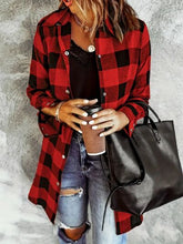 Load image into Gallery viewer, Deep Red Plaid Collared Neck Snap-Down Long Sleeve Jacket – Classic &amp; Trendy Outerwear with Pockets
