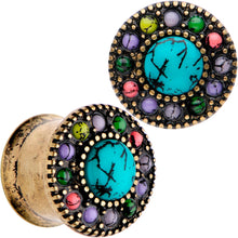 Load image into Gallery viewer, Gold Plated Southwestern Stone Age Double Flare Plug Set 2G to 22mm
