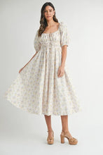 Load image into Gallery viewer, Floral Drawstring Detail Puff Sleeve Midi Dress – Romantic Floral Midi Dress, Ruched Drawstring Dress, Feminine Puff Sleeve Dress, Trendy Garden Party Dress For Summer

