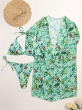 Load image into Gallery viewer, Bikini European Style Floral Print 3 Piece Swimsuit Set for Women – Sexy V Neck Bikini with Cross Strap Detail and Matching Long Sleeve Cover-Up – High Stretch Trendy Swimwear for Summer Beach Vacations Resort Looks and Poolside Fashion
