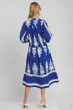 Load image into Gallery viewer, Royal Blue Printed Notched Midi Dress Elegant &amp; Timeless Dress For Every Occasion
