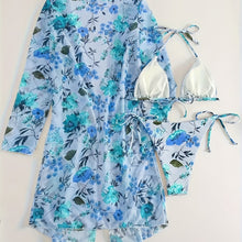 Load image into Gallery viewer, Bikini European Style Floral Print 3 Piece Swimsuit Set for Women – Sexy V Neck Bikini with Cross Strap Detail and Matching Long Sleeve Cover-Up – High Stretch Trendy Swimwear for Summer Beach Vacations Resort Looks and Poolside Fashion
