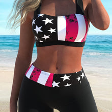 Load image into Gallery viewer, Bikini American Flag Print 2 Piece Criss Cross Halter Swimsuit for Women – High Stretch Patriotic Bikini Set with Ring Knot Back and Boxer Shorts Bottoms – Comfortable Summer Swimwear for Beach Pool and 4th of July Celebrations
