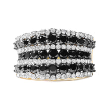 Load image into Gallery viewer, 14K Yellow Gold Plated .925 Sterling Silver 1 3/4 Cttw Treated Black and White Alternating Diamond Multi Row Band Ring (Black / I-J Color, I2-I3 Clarity) - Size 7
