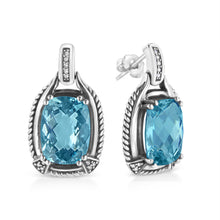 Load image into Gallery viewer, .925 Sterling Silver 14x10MM Cushion Cut Blue Topaz Gemstone and Diamond Accent Dangle Earring (I-J Color, I1-I2 Clarity)

