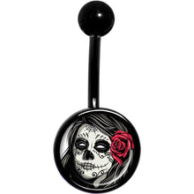 Load image into Gallery viewer, Katrina Sugar Skull with Rose Flower Black Belly Ring
