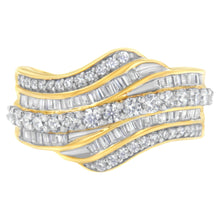Load image into Gallery viewer, 10K Yellow Gold 1.0 Cttw Baguette and Round Diamond Multi-Row Wave Bypass Ring (I-J Color, I1-I2 Clarity) - Ring Size 7
