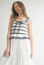 Load image into Gallery viewer, Crochet Stripe Knit Eyelet Mix Midi Dress – Crochet Midi Dress, Stripe Knit Dress, Eyelet Mix Dress, Trendy Midi Dress, Versatile Midi Dress
