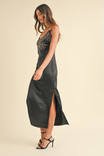 Load image into Gallery viewer, Embroidered Cami Satin Midi Slit Dress – Satin Dress, Sexy, Flattering, Embroidered Dress, Cami Style Dress, Midi Dress, Slit Detail Dress, Elegant Satin Dress
