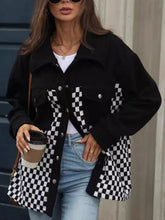 Load image into Gallery viewer, Black Checkered Snap Down Long Sleeve Jacket Stylish &amp; Functional Buttoned Outerwear
