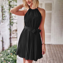 Load image into Gallery viewer, Casual Halter Neck A-Line Dress Sleeveless Belted Swing Pleated Cocktail Party Beach Mini Dresses
