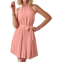 Load image into Gallery viewer, Casual Halter Neck A-Line Dress Sleeveless Belted Swing Pleated Cocktail Party Beach Mini Dresses
