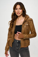 Load image into Gallery viewer, Coalition LA Double Zip Hooded Long Sleeve Vegan Leather Jacket for Women Stylish and Functional Outerwear
