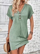 Load image into Gallery viewer, Elegant Button V-Neck Short Sleeve Dress Flattering Casual &amp; Office Wear Simple Dress
