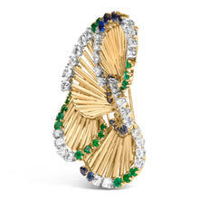 Load image into Gallery viewer, 18K Yellow Gold 2 1/3 Cttw Diamond, Sapphire, and Emerald Sculpted Petal Brooch Pin (G-H Color, VS1-VS2 Clarity)
