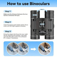 Load image into Gallery viewer, High Powered Mini Pocket Binoculars 10x25 with Phone Adapter – Compact, Lightweight, Portable – Black
