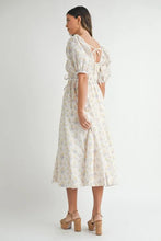 Load image into Gallery viewer, Floral Drawstring Detail Puff Sleeve Midi Dress – Romantic Floral Midi Dress, Ruched Drawstring Dress, Feminine Puff Sleeve Dress, Trendy Garden Party Dress For Summer
