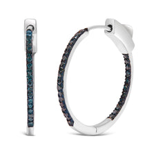 Load image into Gallery viewer, .925 Sterling Silver 1/3 Cttw Inside Out Blue Treated Diamond 1MM Wide Hoop Earrings (Blue Color, I2-I3 Clarity)
