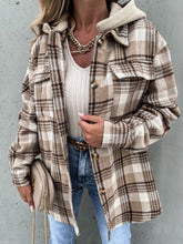 Load image into Gallery viewer, Vintage Retro Style Women Camel Plaid Button Up Jacket with Removable Hood Classic &amp; Cozy Everyday Wear
