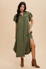 Load image into Gallery viewer, Mineral Washed Button Down Puff Sleeve Shirt Dress For Women – Fluttering, Fashionable Button Down Dress with Puff Sleeves, Mineral Wash for an Effortlessly Chic Look
