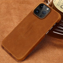 Load image into Gallery viewer, Classic Brown Genuine Leather Phone Case for iPhone 13 14 Pro Max 12 Mini 11 12 Pro Max Leather Cover Bumper Phone Case Compatible With iPhone Genuine Leather Slim Back Cover

