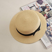 Load image into Gallery viewer, Classic Simple Female Hat For Summer Beach Hat Casual Lady Summer Solid Color Straw Hat Women Elegant Hat Traveling Hats UV Protection Sun Cap Women Flat Bowknot Design Cute Cap Girls Hat 56-58cm
